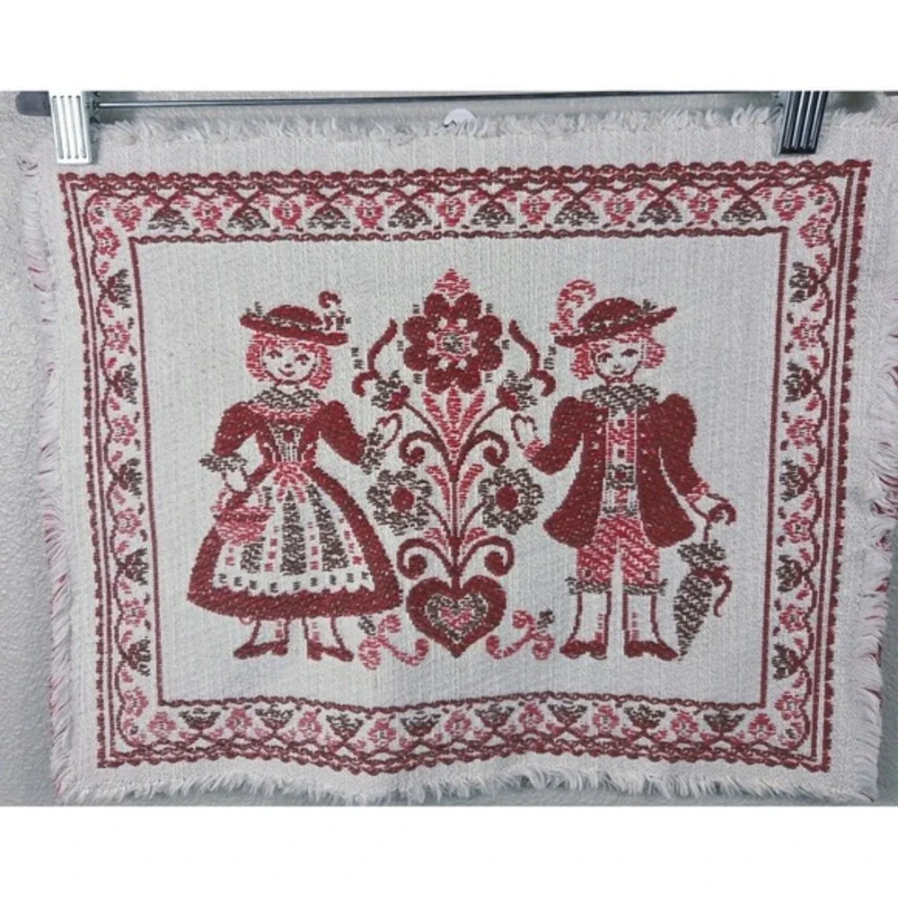 vintage austrian folk tapestry‎ wall hanging red cream cotton linen 13x15